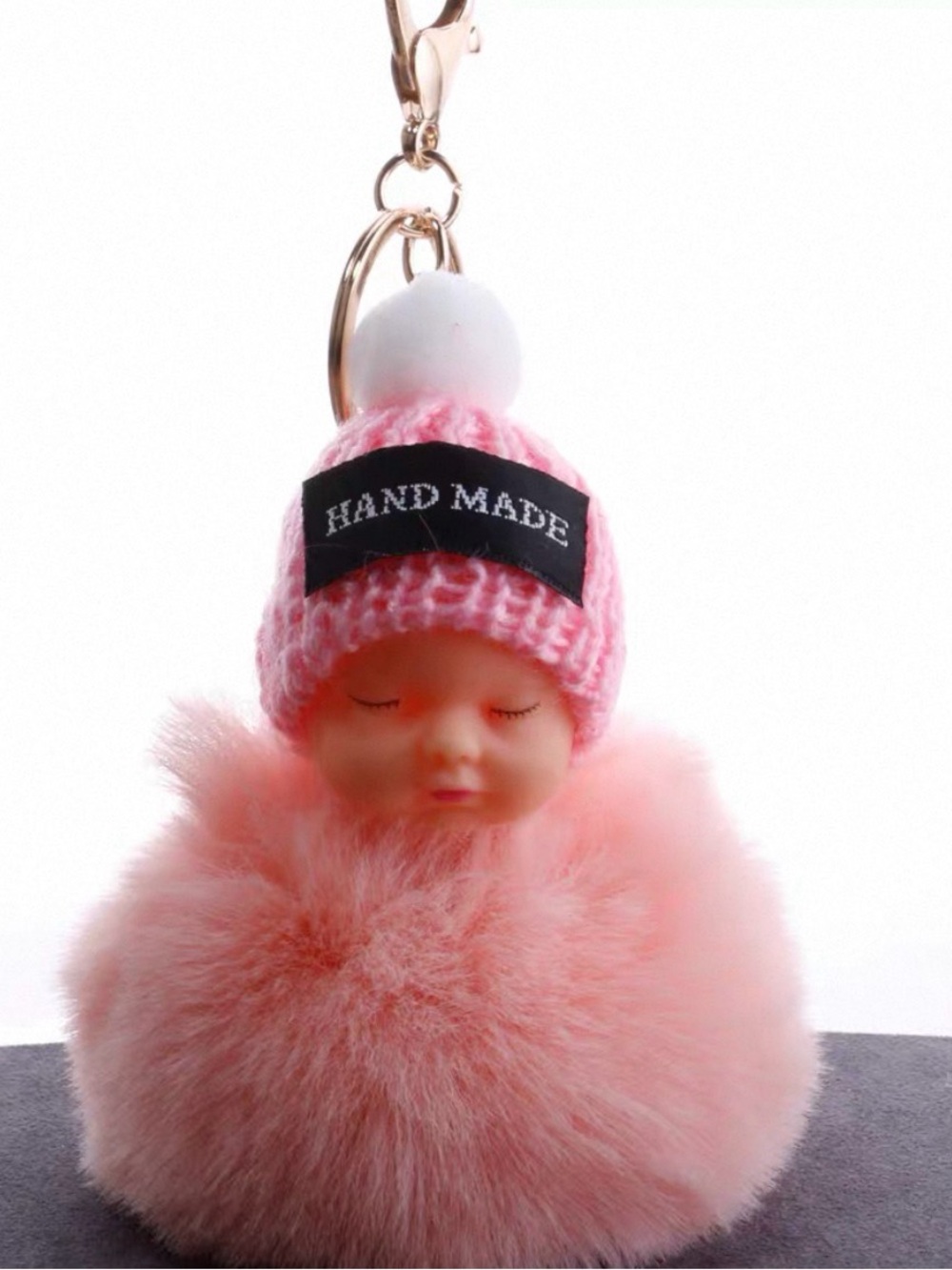Cute Sleeping Baby Doll Pink Pom Pom Keychain Bag Charm